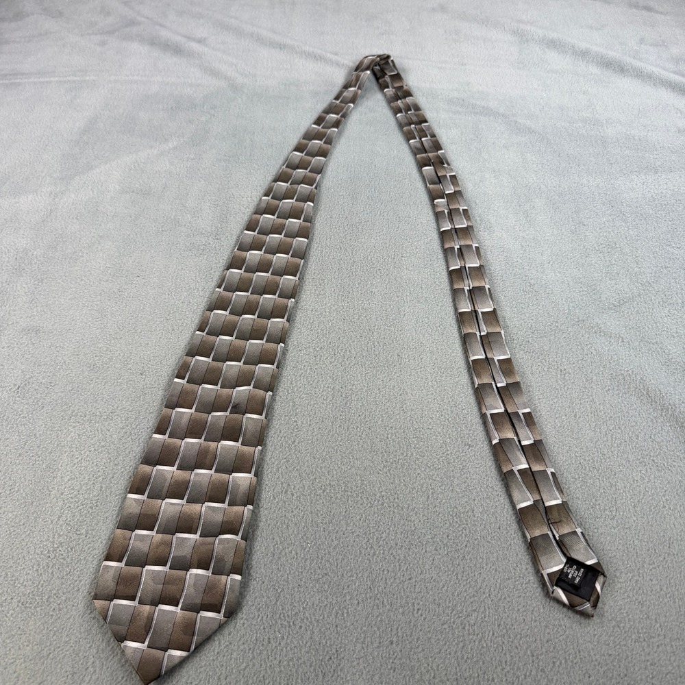 Facets Mens Silk Necktie Grey Taupe Geometric Block Pattern Hand Sewn Formal Tie